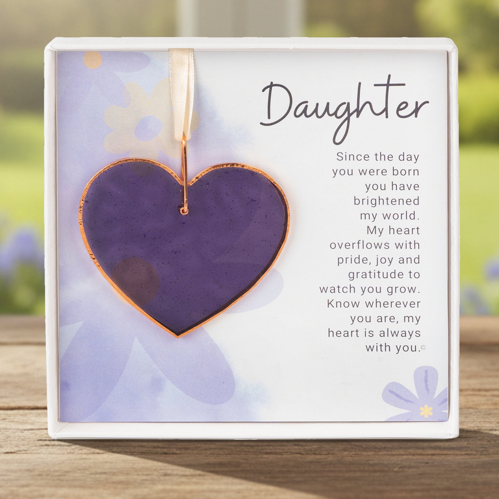 Handmade 3" textured stained glass purple heart with Daughter sentiment in white box with clear lid.