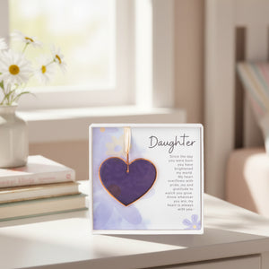 3 of 4:Stained glass purple heart gift for daughter on a girl's bedroom nightstand.