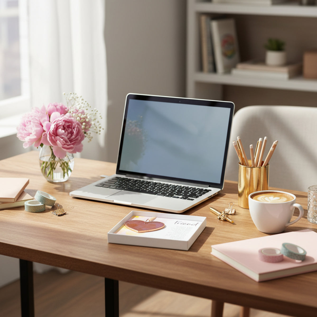 Pink rose mauve glass heart gift for friend on a woman's desk.