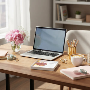 5 of 6:Pink rose mauve glass heart gift for friend on a woman's desk.