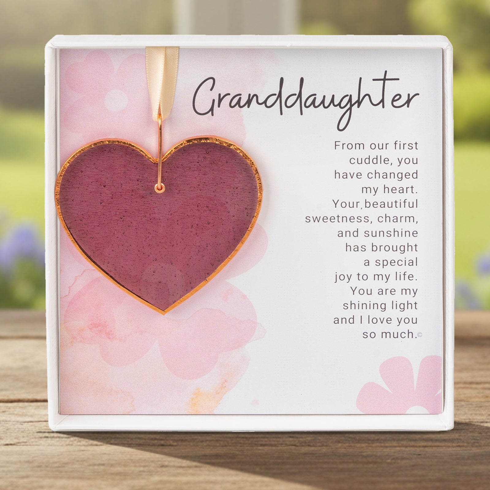 Handmade 3" textured pink rose mauve glass heart with Granddaughter sentiment in white box with clear lid.