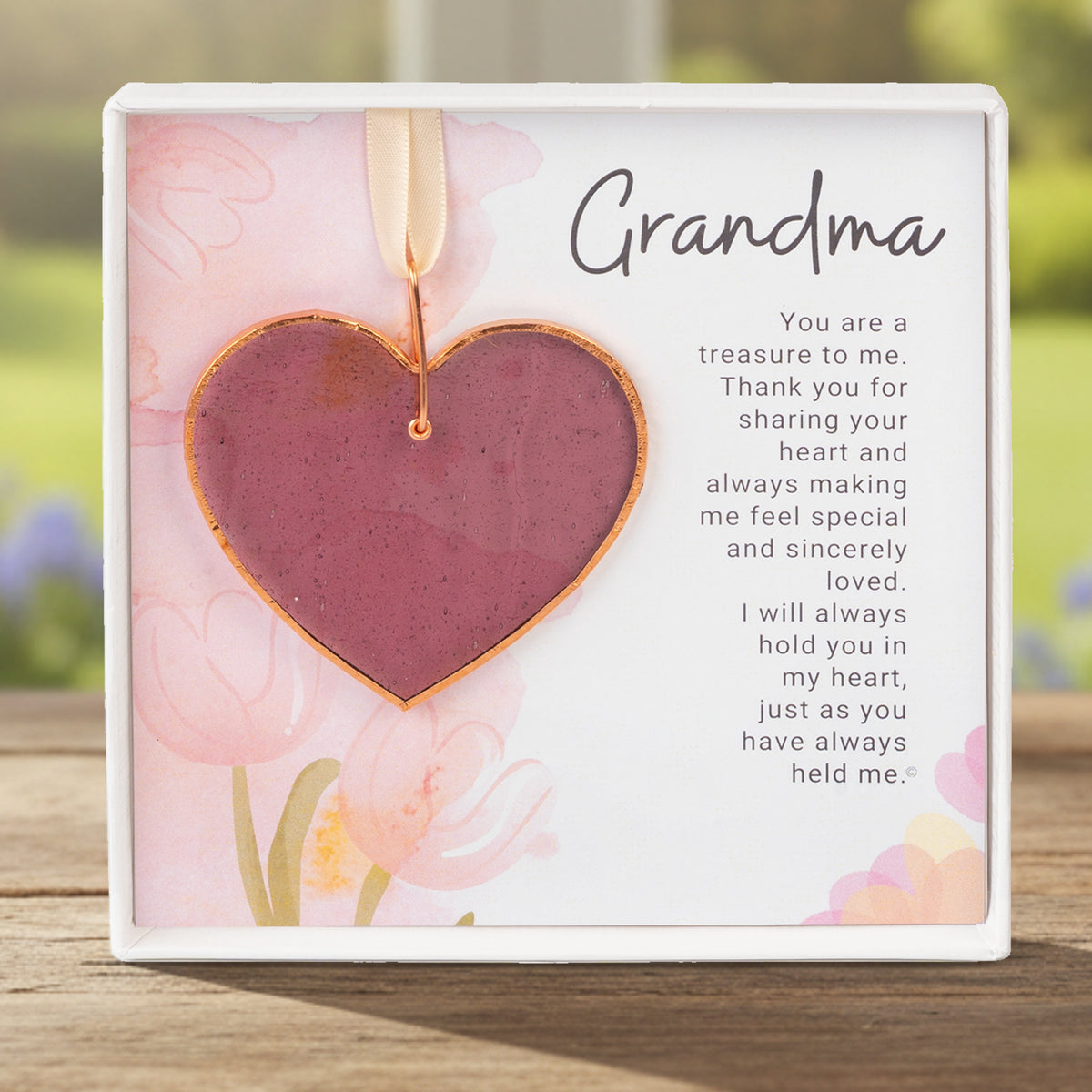 Handmade 3" textured pink rose mauve glass heart with Grandma sentiment in white box with clear lid.