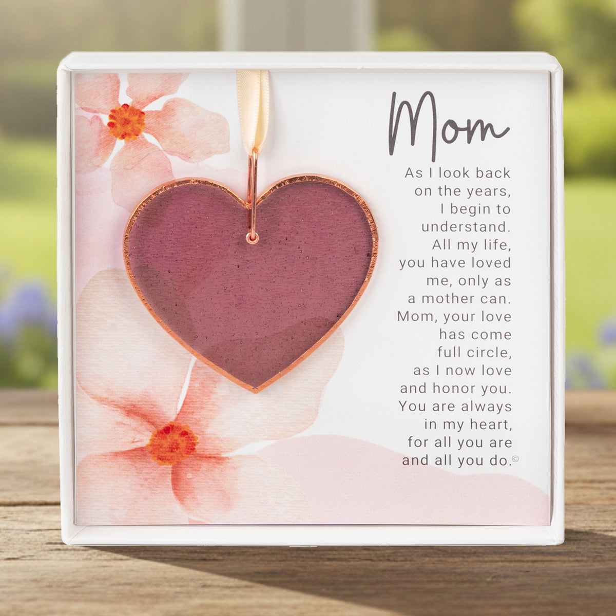 Mom Gift: Rose Mauve stained glass heart with copper edging and ring packaged with "Mom" Poem in a white box with a clear lid.