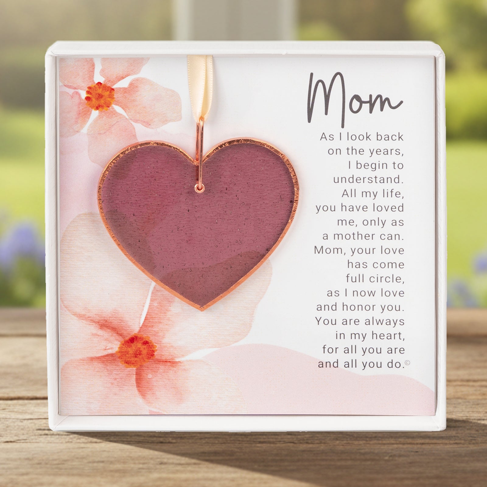 Mom Gift: Rose Mauve stained glass heart with copper edging and ring packaged with "Mom" Poem in a white box with a clear lid.