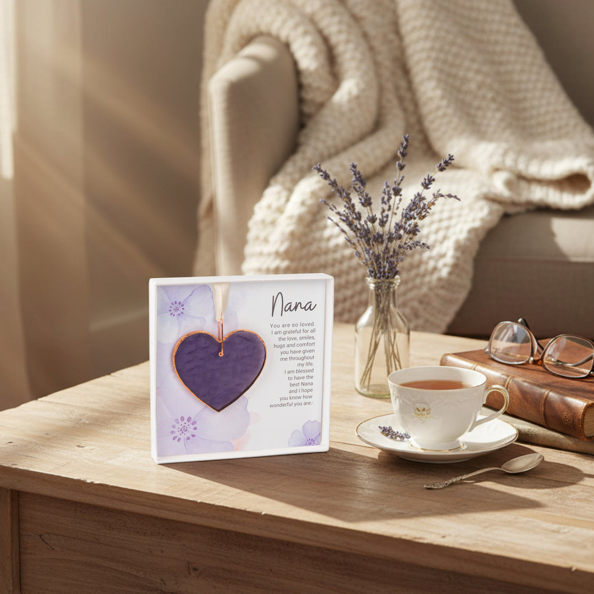 Nana gift sitting on a coffee table in a living room.