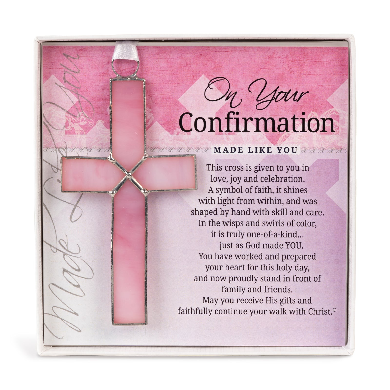 Confirmation Gift - Handmade 4 1/4" pink stained glass cross with an "On Your Confirmation" sentiment in white box with clear lid.