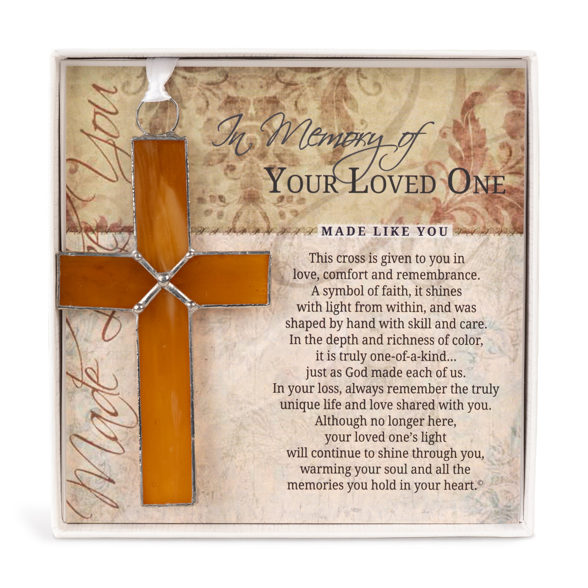 Memorial Gift - Handmade 4 1/4" amber stained glass cross and "In Memory of Your Loved One" sentiment in white box with clear lid.