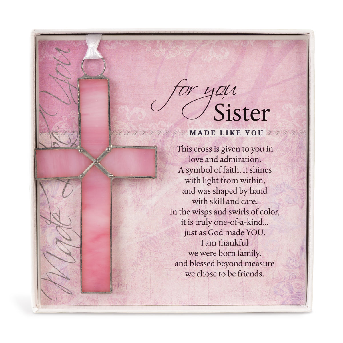 Sister Gift - 4 1/4" pink stained glass cross and "For You, Sister" sentiment in white box with clear lid.