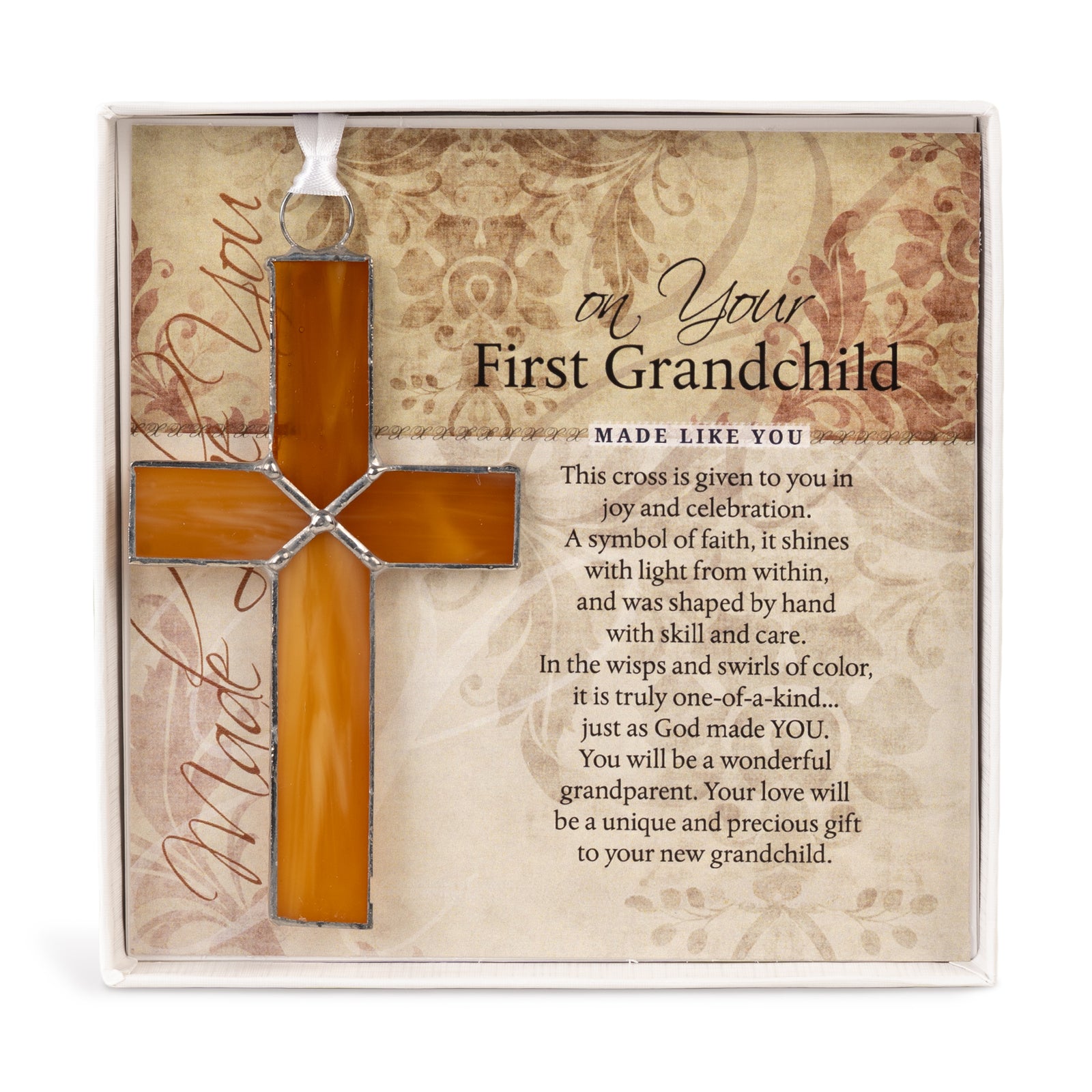 First Grandchild Gift - Handmade 4 1/4" amber stained glass cross and "On Your First Grandchild" sentiment in white box with clear lid.