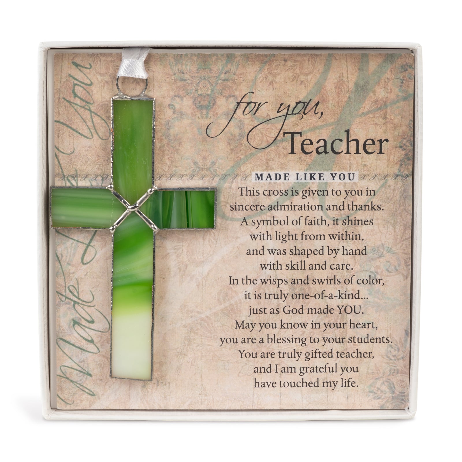 Teacher Gift - Handmade 4 1/4" green glass cross and "For You, Teacher" sentiment in white box with clear lid.