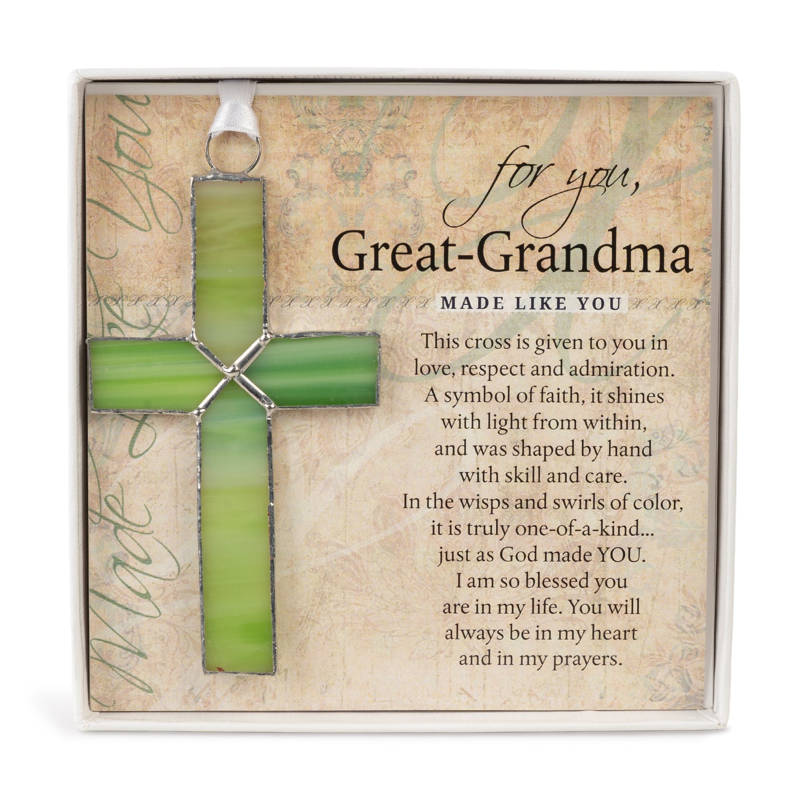 Great-Grandma Gift - Handmade 4 1/4" green stained glass cross and "For You, Great-Grandma" sentiment in white box with clear lid.