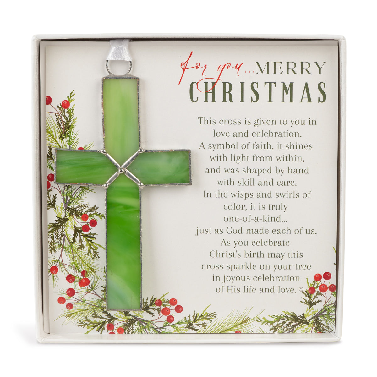 Christmas Gift - Handmade 4 1/4" green glass cross and "For You...Merry Christmas" sentiment in white box with clear lid.
