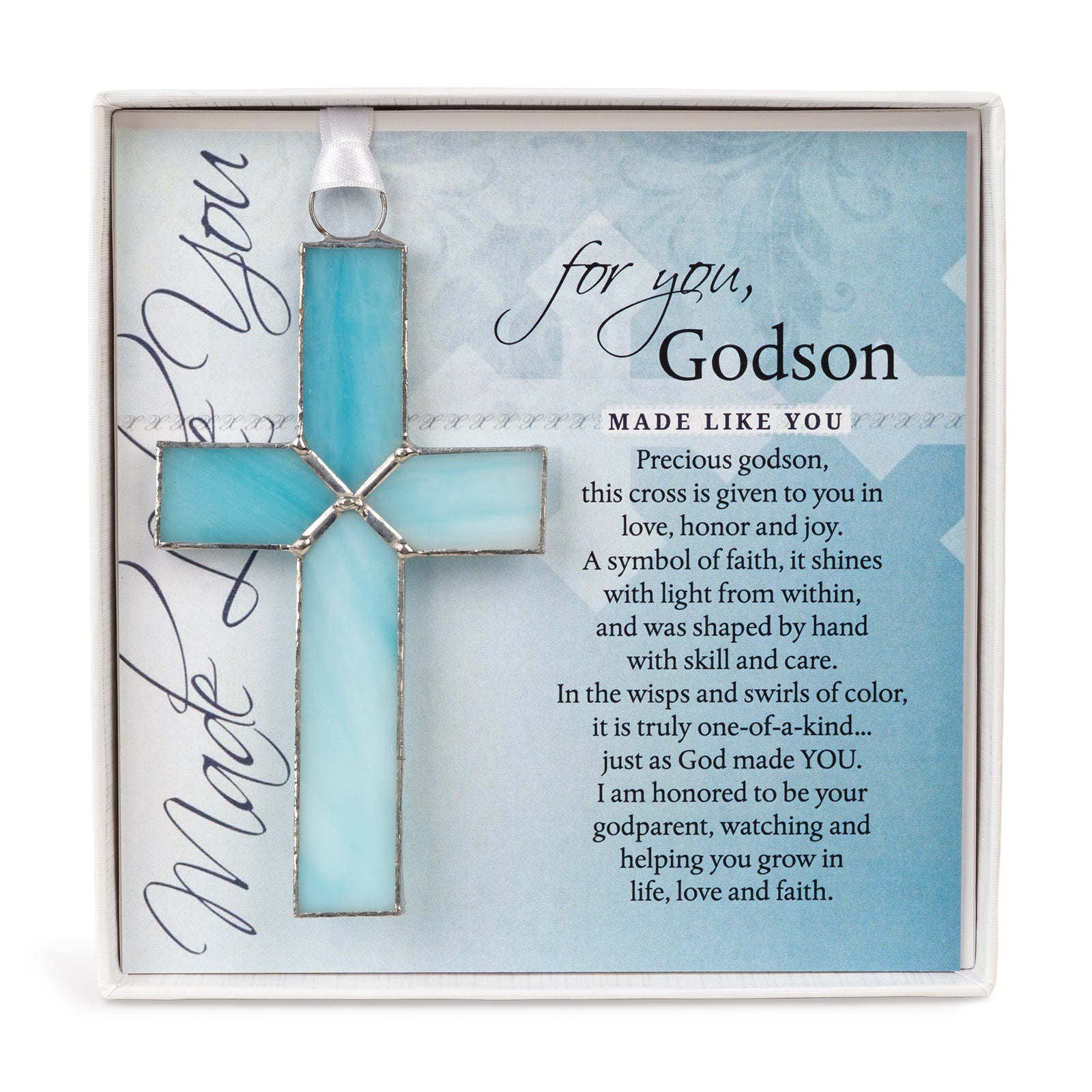 Godson Gift - Handmade 4 1/4" light blue stained glass cross and "For You, Godson" sentiment in white box with clear lid.