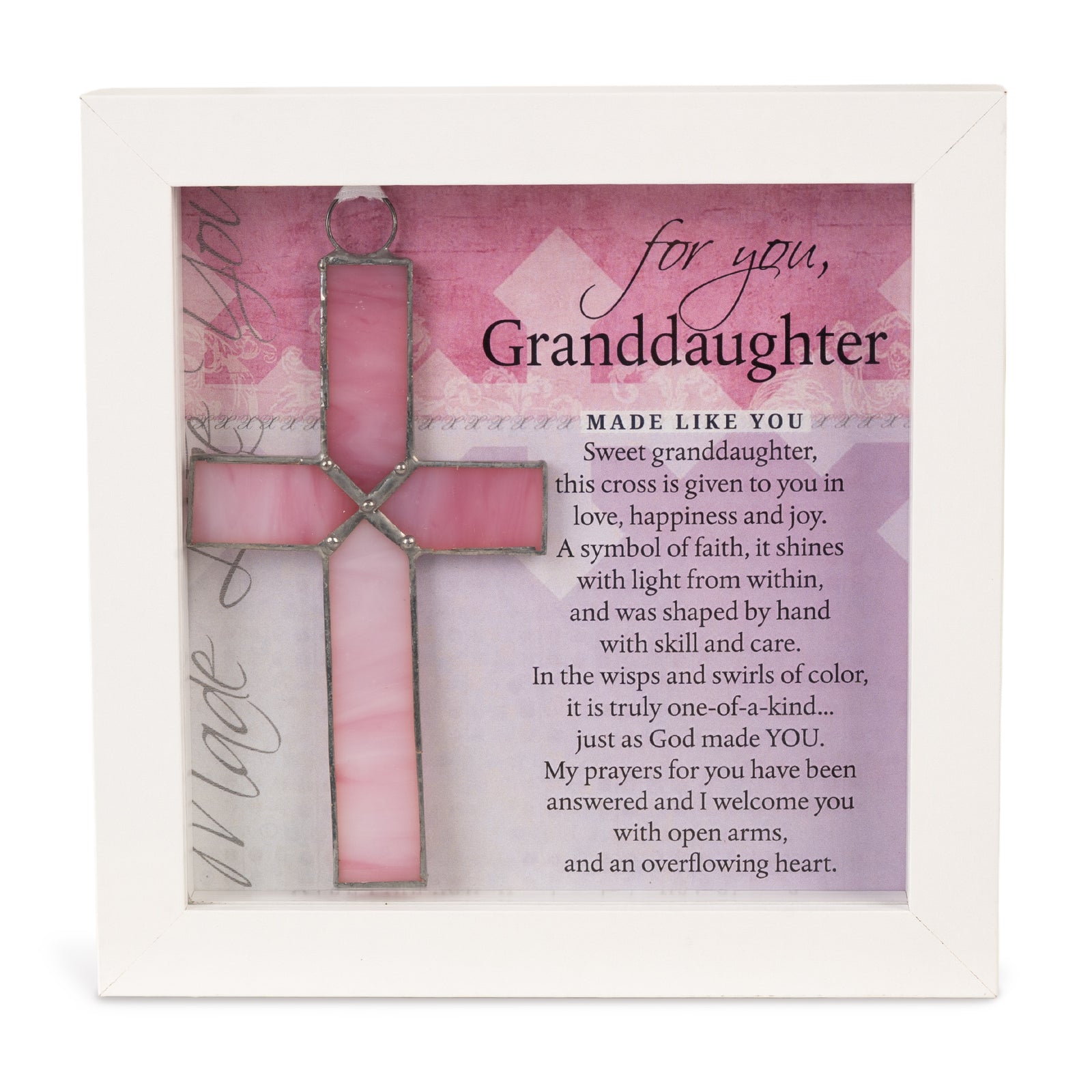 Granddaughter Gift - Framed 4 1/4" pink stained glass cross and "For You, Granddaughter" sentiment packaged in a 6x6 shadowbox frame.