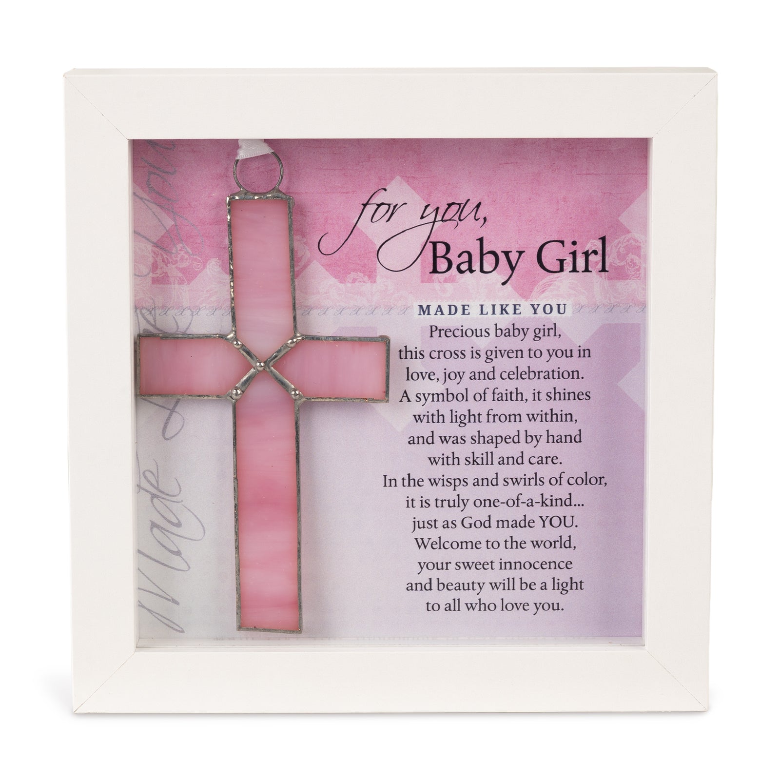 Baby Girl Gift - Framed Handmade 4 1/4" pink stained glass cross and "For You, Baby Girl" sentiment.