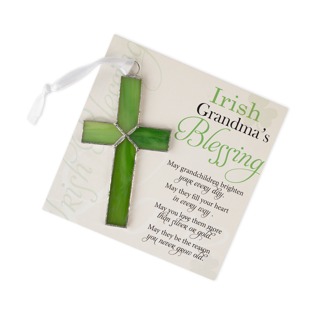 "Irish Grandma's Blessing" sentiment and green stained glass cross.