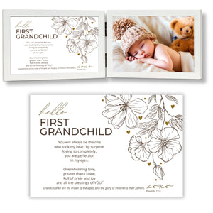 1 of 7:White 4x6 wood double frame with First Grandchild sentiment and scripture on the left side and a 4x6 photo on the right side. A larger image of the sentiment and scripture is shown below the frame.