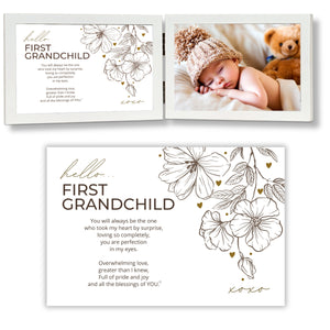 1 of 7:White 4x6 wood double frame with First Grandchild Sentiment on the left side and a 4x6 photo on the right side. A larger image of the sentiment is shown below the frame.