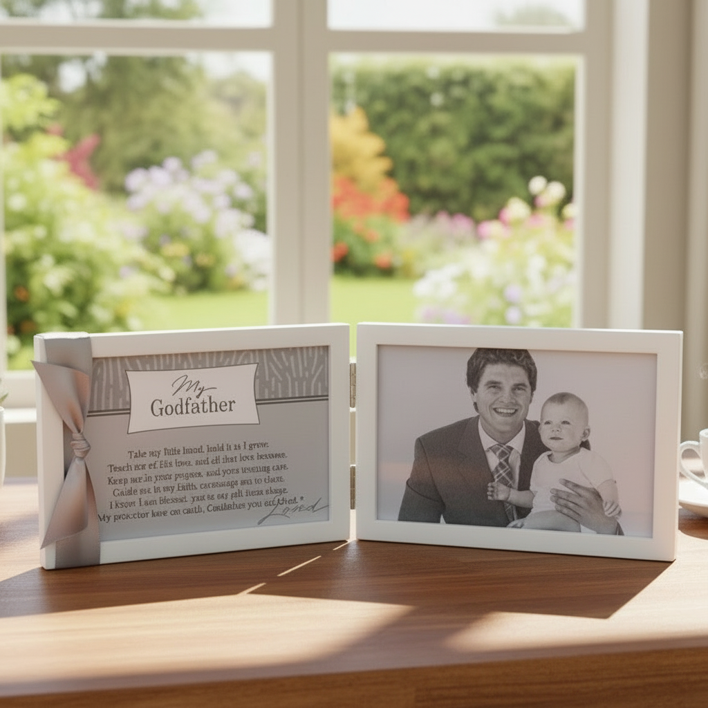 White 4x6 double wood frame with "My Godfather" sentiment and gray satin ribbon on the left and space for a photo on the right. Frame on a desk in front of a garden window.