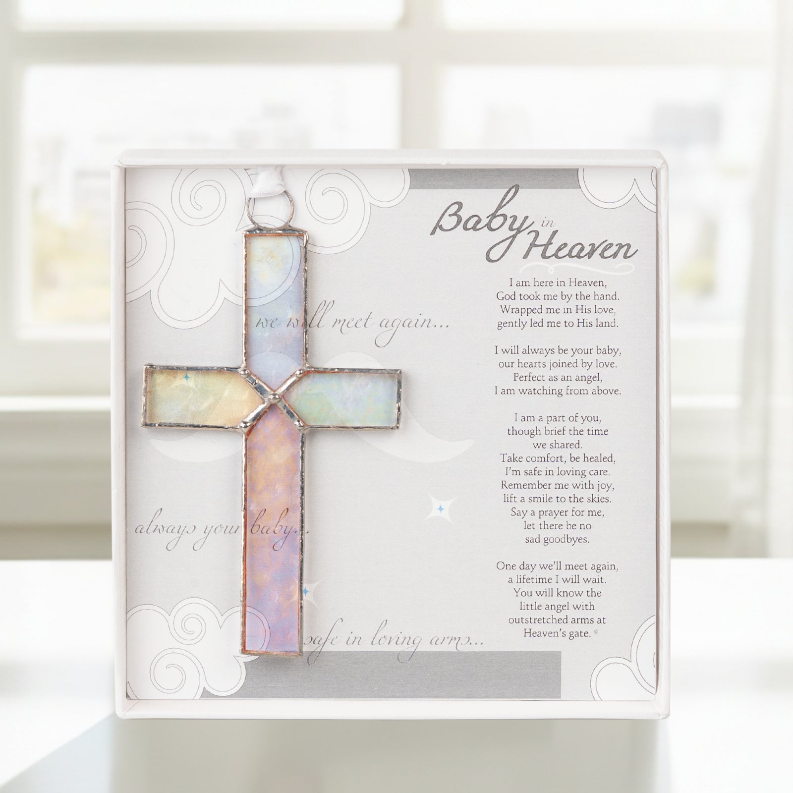 Baby in Heaven: Infant Loss Memorial Handmade stained glass cross with Baby in Heaven sentiment on a folding card; packaged in a white 5.5"x5.5" box with a clear lid.