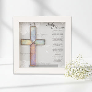 4 of 4:Baby in Heaven: Framed Infant Loss Memorial Handmade Clear Stained Glass Cross with Baby in Heaven sentiment.