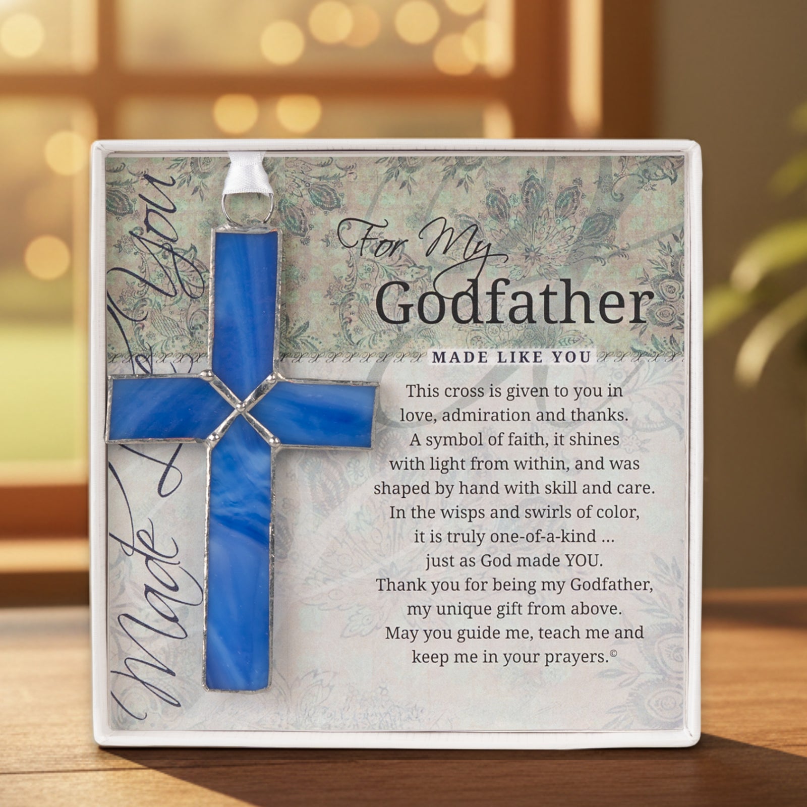 Godfather Gift - Handmade 4 1/4" blue stained glass cross and "For My, Godfather" sentiment in white box with clear lid.