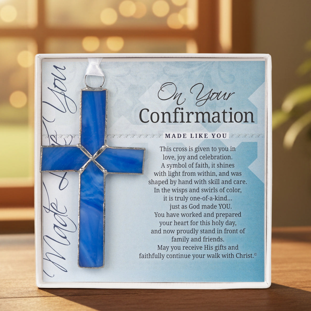 Confirmation Gift - Handmade 4 1/4" blue stained glass cross and "On Your Confirmation" sentiment in white box with clear lid.