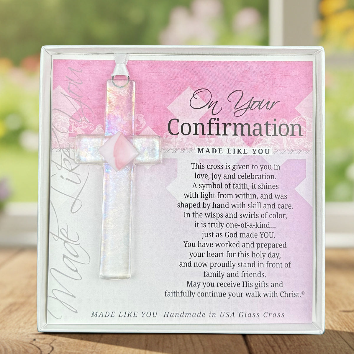 Confirmation Gift - Handmade 4" clear glass cross with pink accent and "On Your Confirmation" sentiment in white box with clear lid.