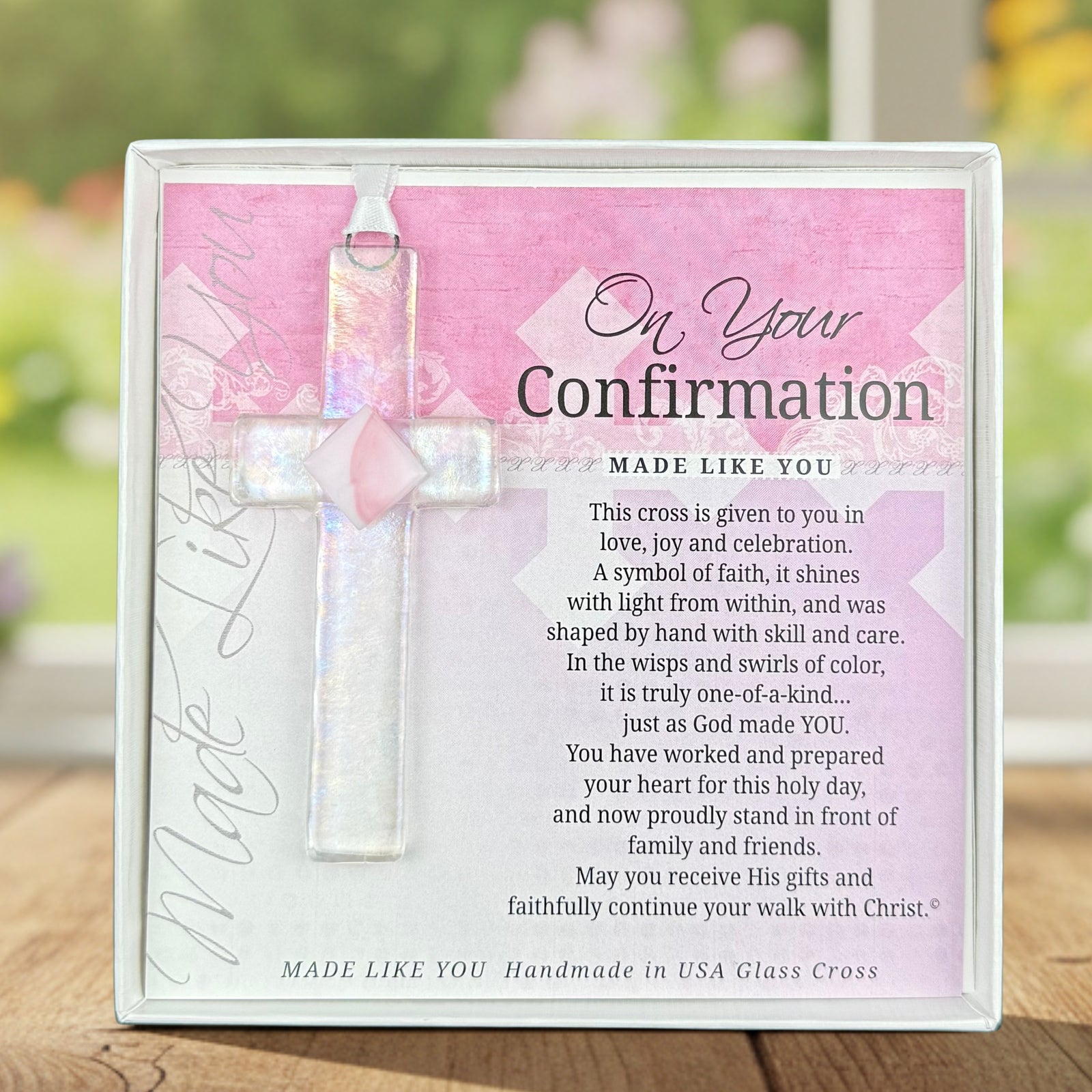 Confirmation Gift - Handmade 4" clear glass cross with pink accent and "On Your Confirmation" sentiment in white box with clear lid.