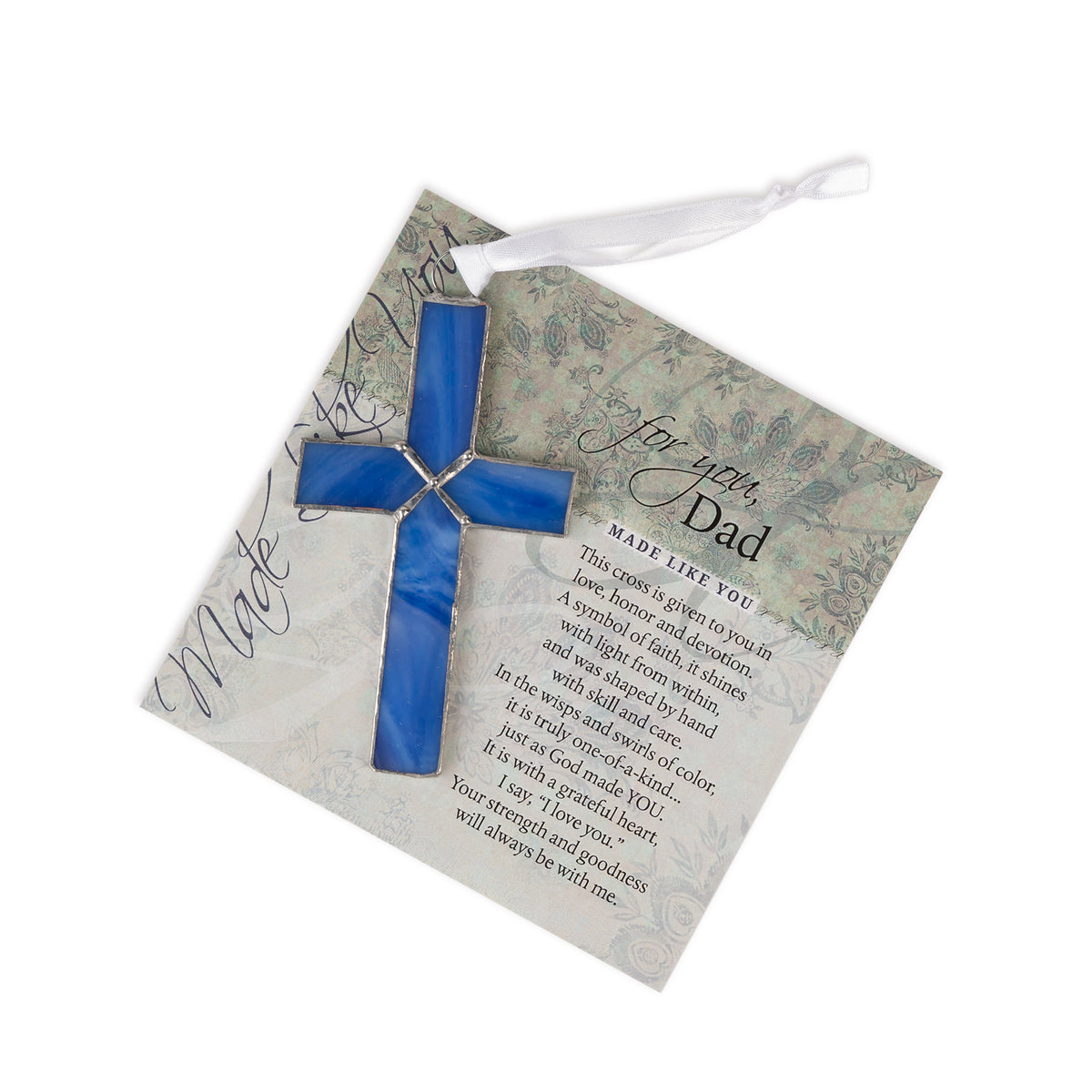 "For You, Dad" artwork with sentiment and blue glass cross.