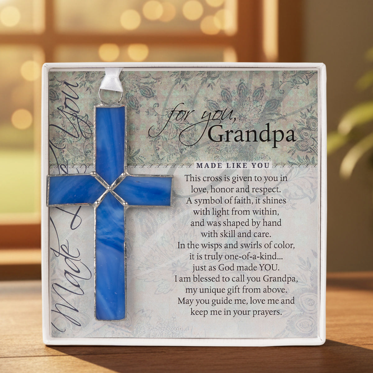 Grandpa Gift - Handmade 4 1/4" blue glass cross and "For You, Grandpa" sentiment in white box with clear lid.