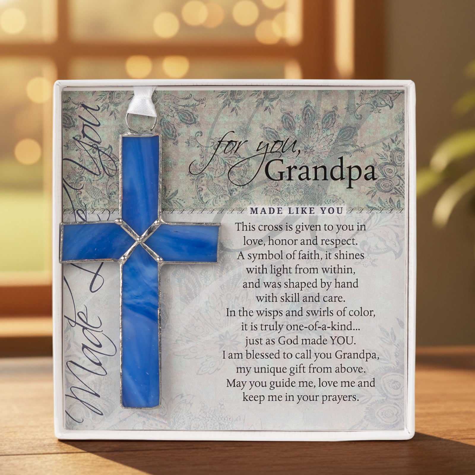 Grandpa Gift - Handmade 4 1/4" blue glass cross and "For You, Grandpa" sentiment in white box with clear lid.