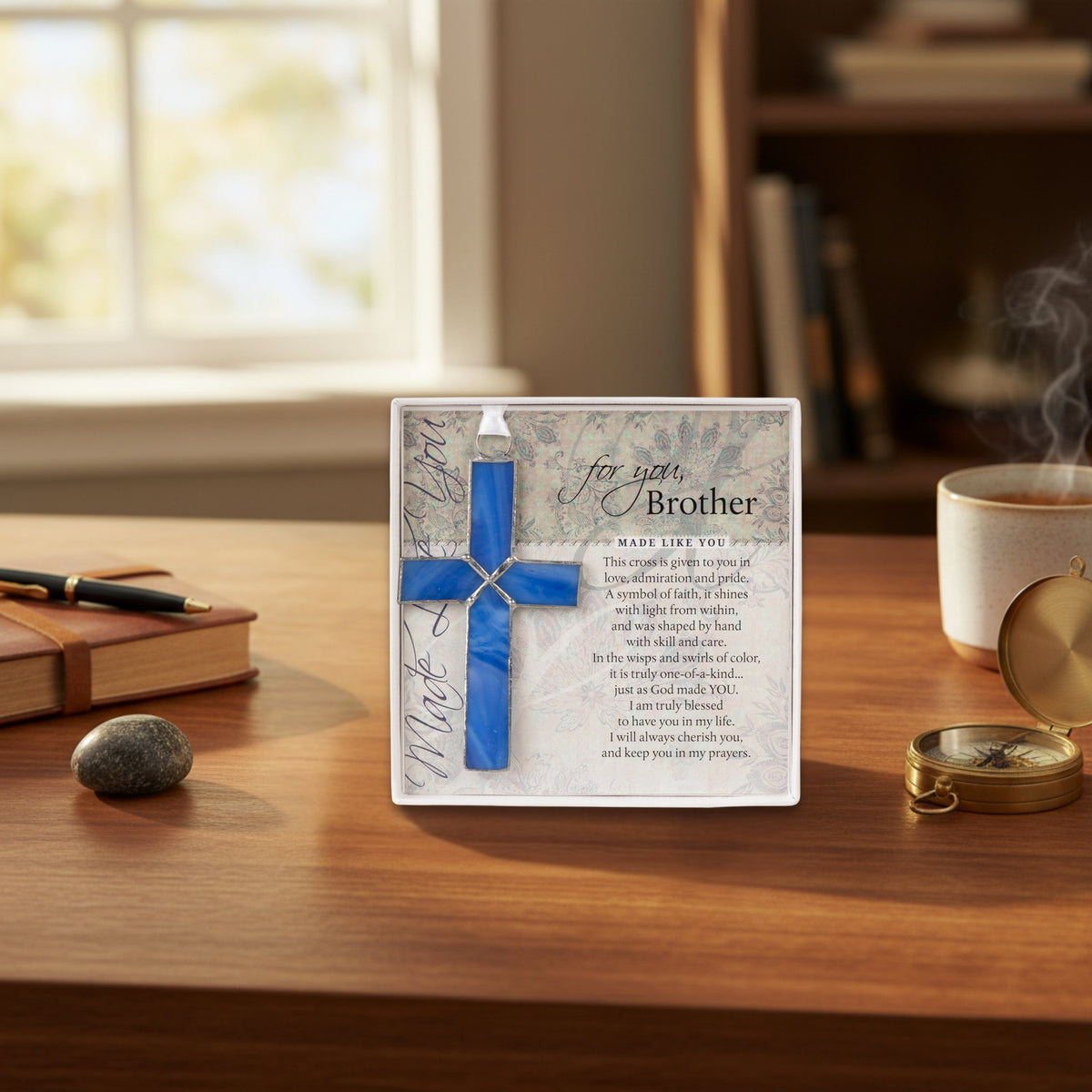 "For You, Brother" gift displayed on a man's desk.