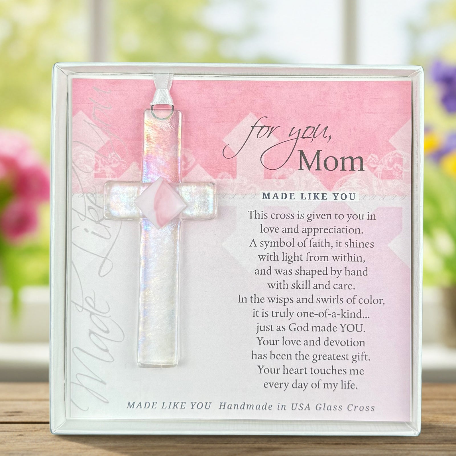 Mom Gift - Handmade 4" clear glass cross with pink accent and "For You, Mom" sentiment in white box with clear lid.