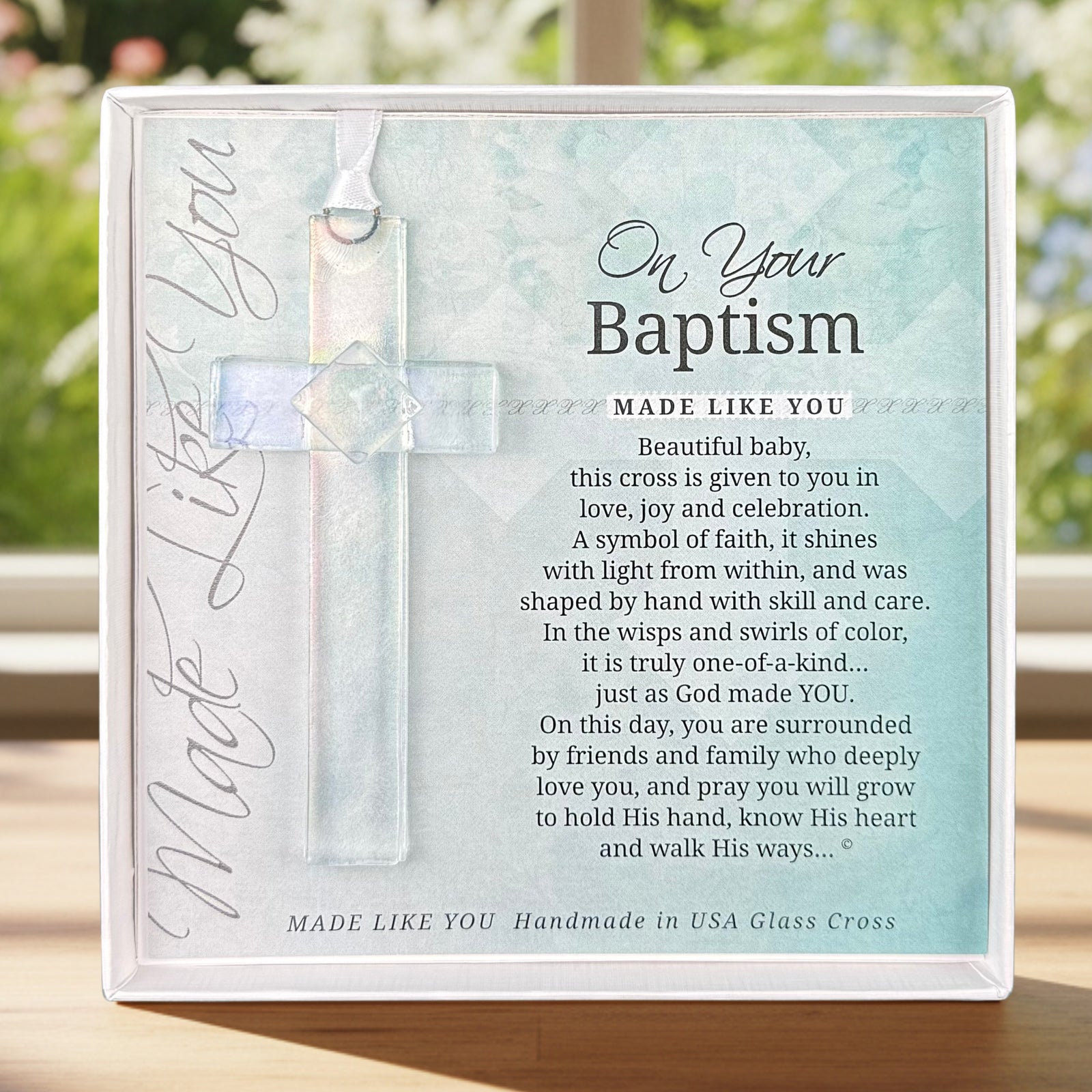 Baptism Gift - Handmade 4" Clear Iridescent glass cross and "On Your Baptism" sentiment in white box with clear lid.