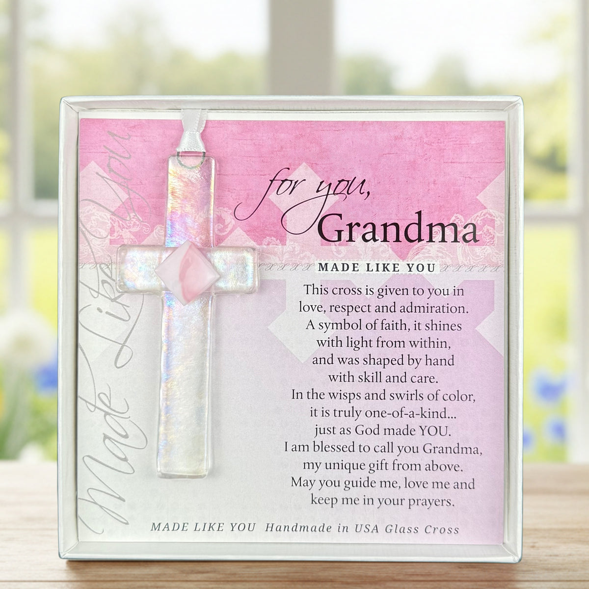 Grandma Gift - Handmade 4" clear glass cross with pink accent and "For You, Grandma" sentiment in white box with clear lid.