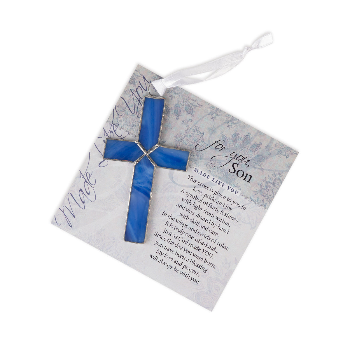 "For You, Son" artwork with sentiment and stained blue glass cross.