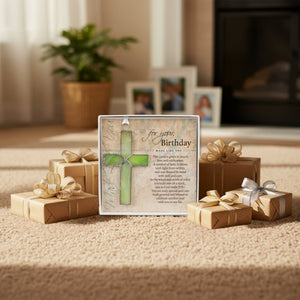 4 of 4:Birthday cross and sentiment in box next to wrapped presents.