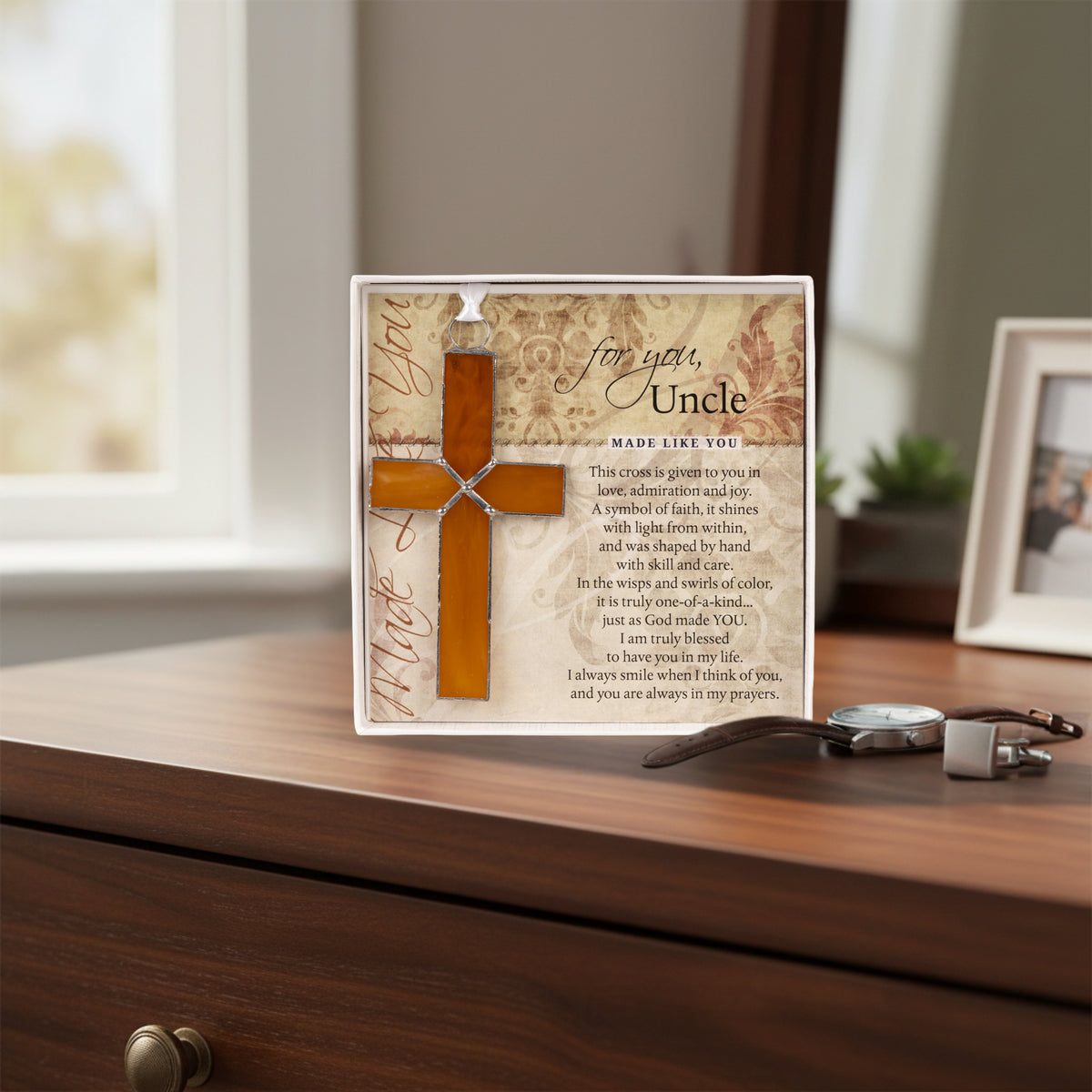 Gift for Uncle displayed on his dresser.