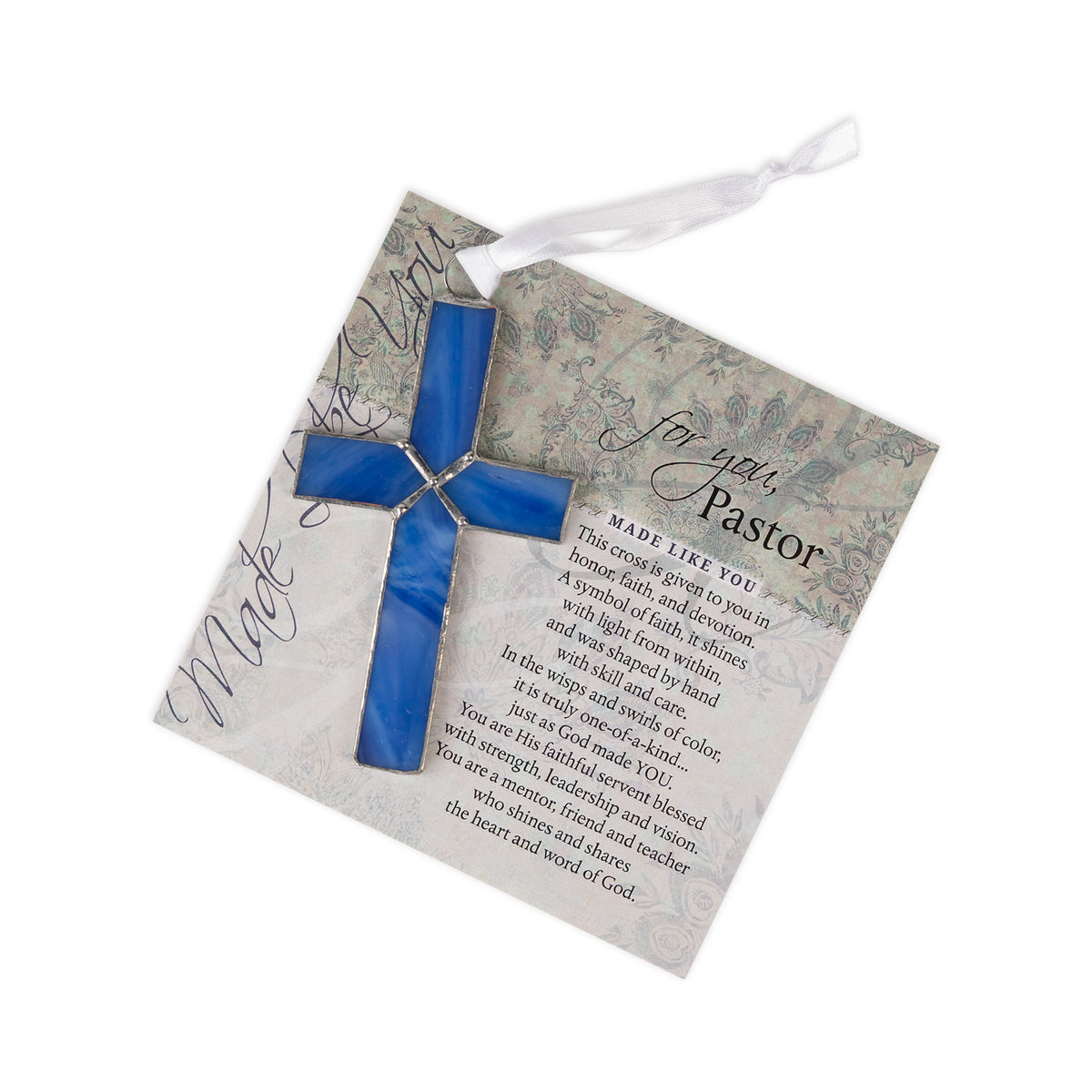 Blue stained glass cross on "For You, Pastor" sentiment.