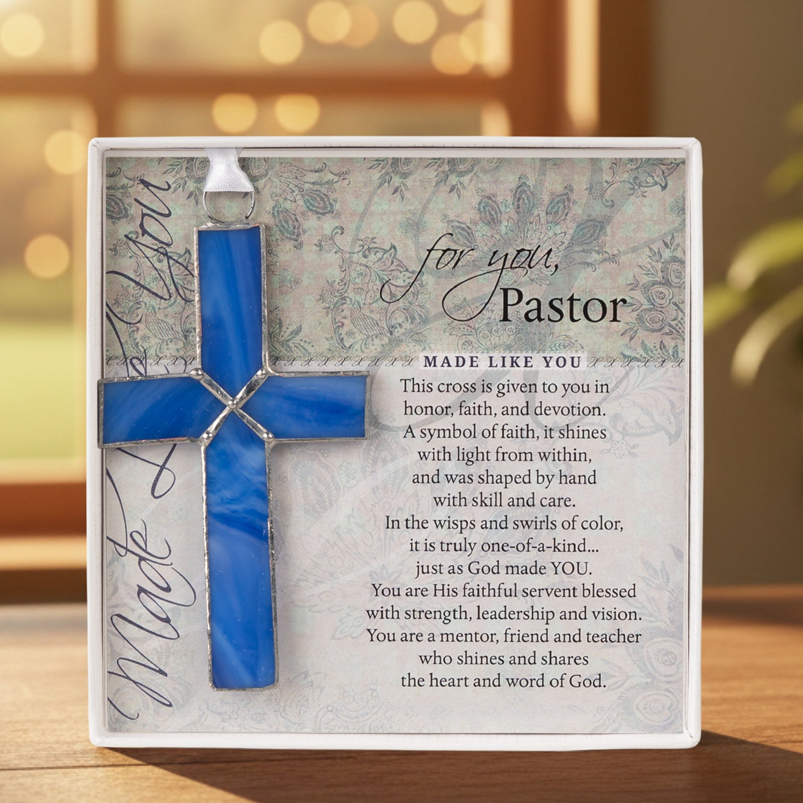 Pastor Gift - Handmade 4 1/4" blue stained glass cross and "For You, Pastor" sentiment in white box with clear lid.