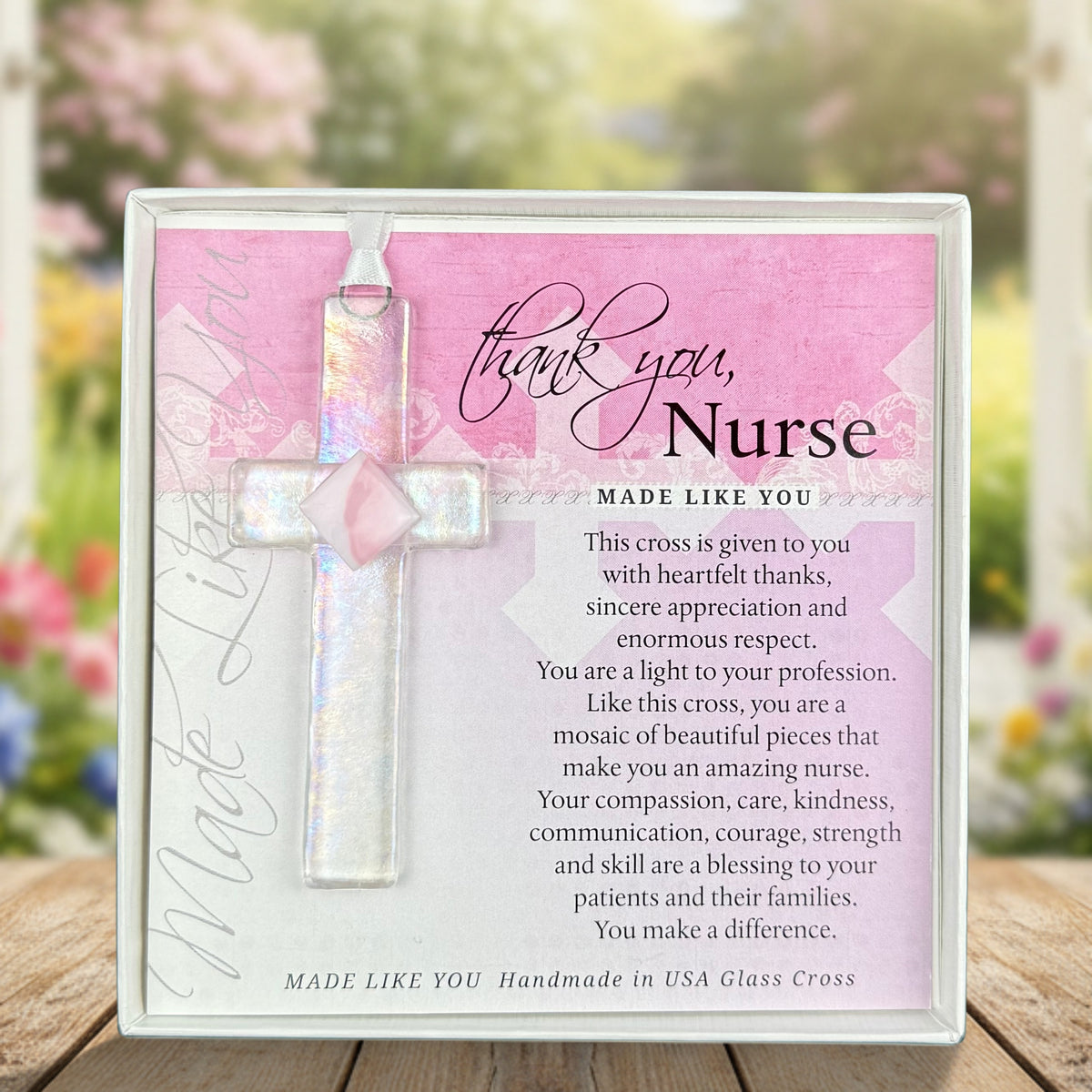Nurse Thank You Gift - Handmade 4" clear glass cross with pink accent and "Thank You, Nurse" sentiment in white box with clear lid.