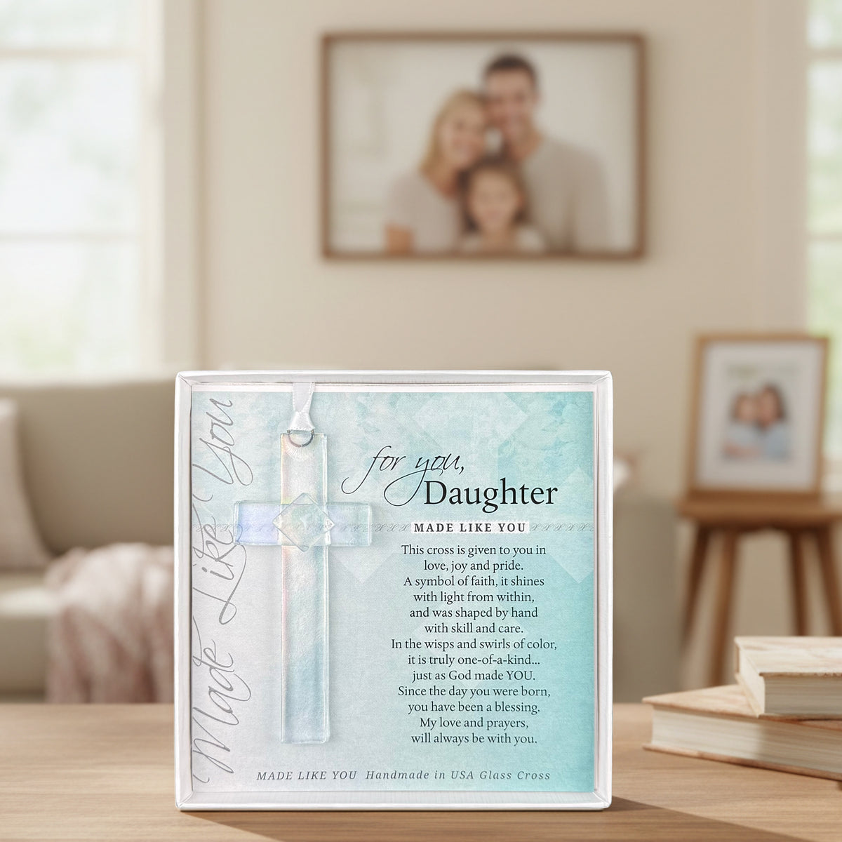 "For You Daughter" boxed cross on a table in a family's living room.