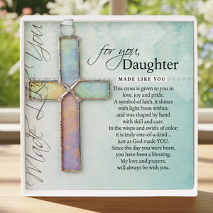 1 of 4:For You Daughter: Handmade clear stained glass cross with sentiment; packaged in a white 5.5