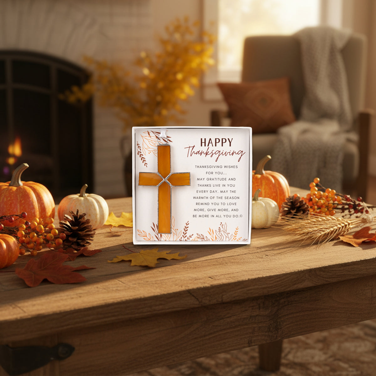 Gift for a Thanksgiving host/hostess displayed on a coffee table.