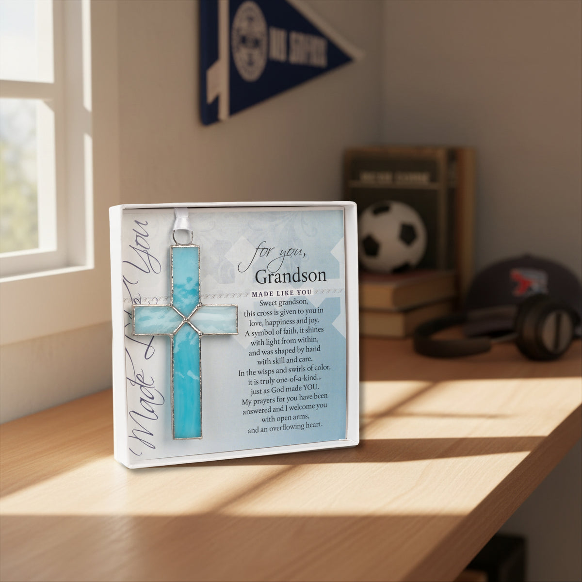 Gift for grandson displayed on his bedroom shelf.