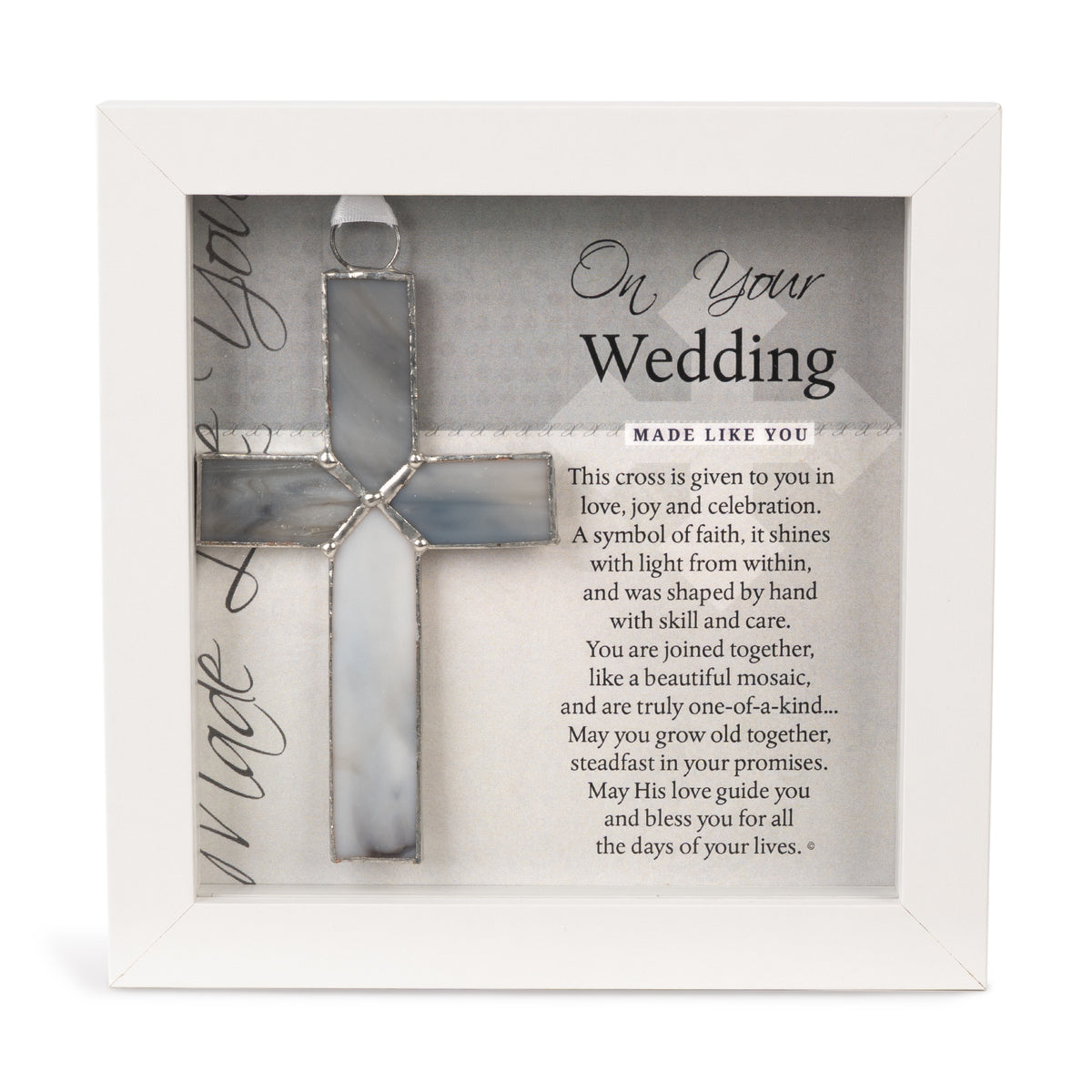 4 1/4" gray stained glass cross with "On Your Wedding" sentiment in white shadow box.