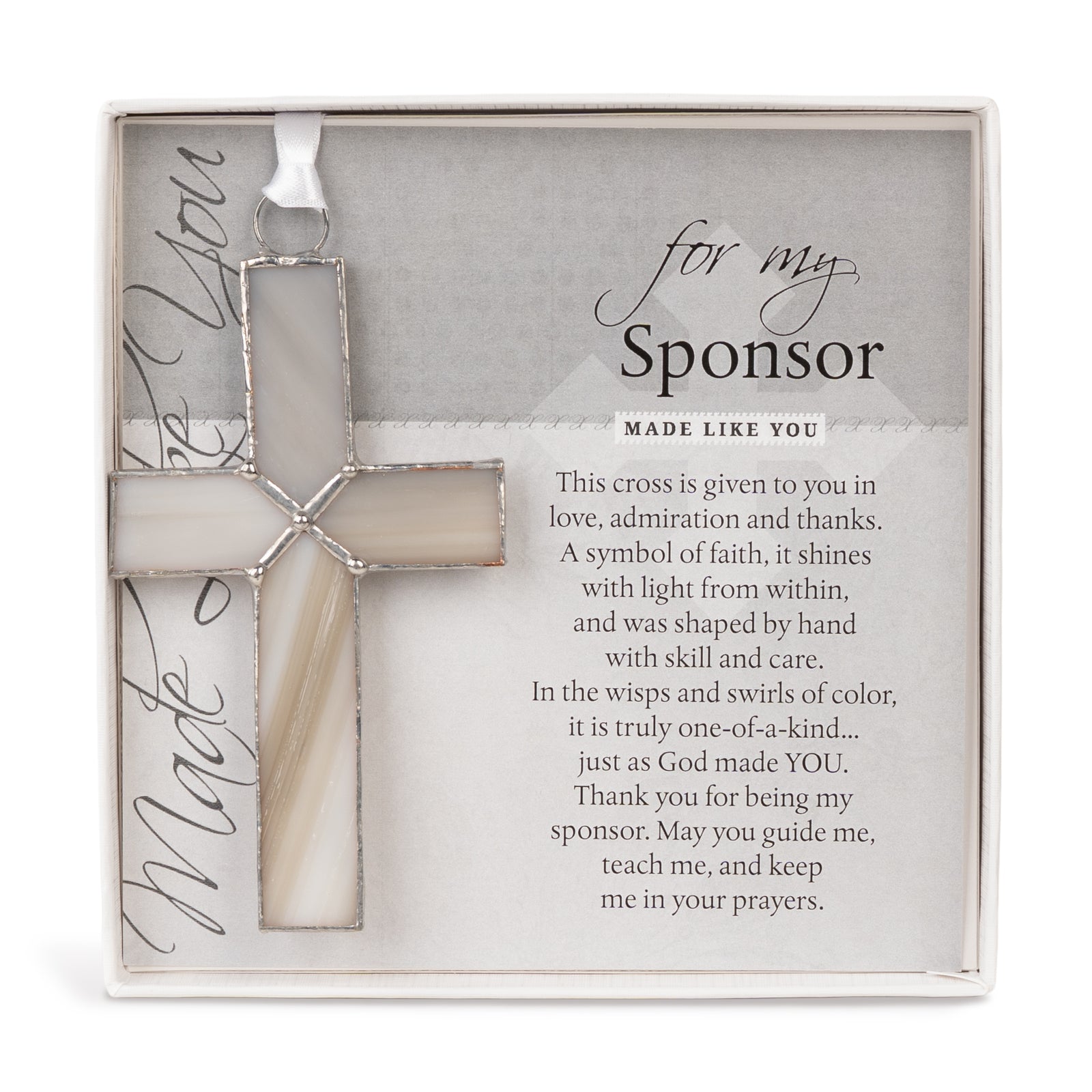 Sponsor gift: Handcrafted 4 1/4" gray stained glass cross and sentiment in white box with clear lid.