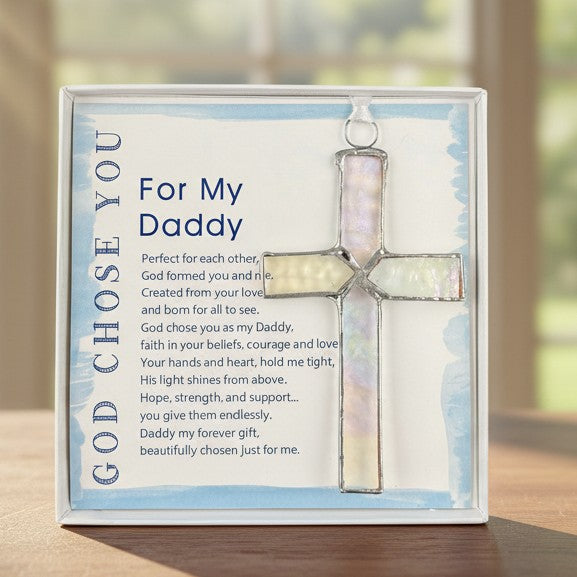 Handmade 4 1/2" stained glass cross and "For My Daddy" sentiment in white box with clear lid.