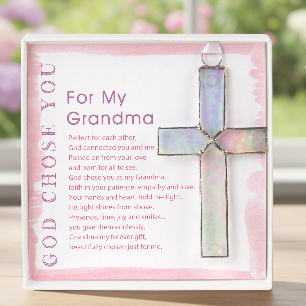 Handmade 4 1/4" clear stained glass cross and "For My Grandma" sentiment in white box with clear lid.